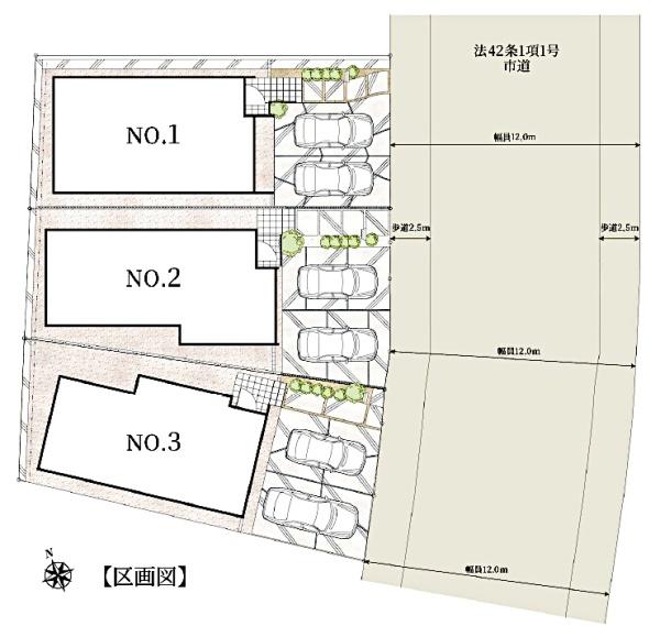 フレスティア成田（成田市郷部）全３区画・１号棟の全体区画図画像