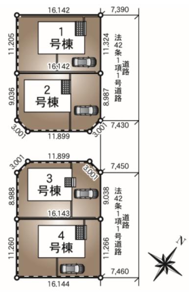 クレイドルガーデン　東金市　台方　第９　全４棟　４号棟の全体区画図画像