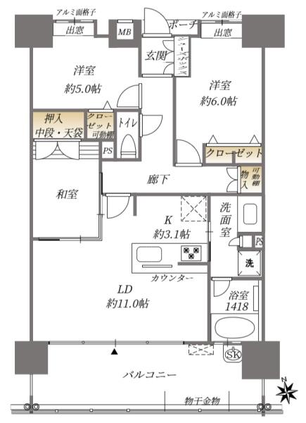エイリックタウン箱崎公園ファミリアEAST棟の間取り画像